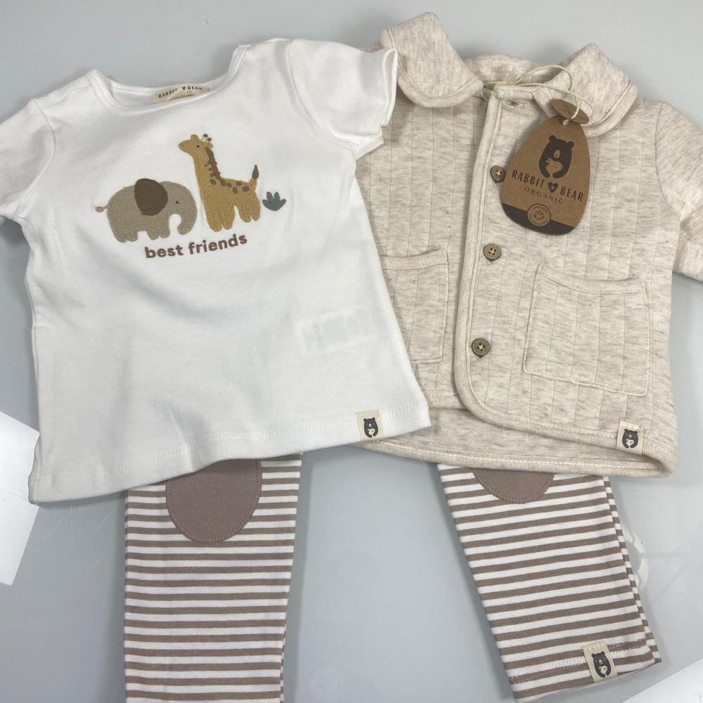 Rabbit + Bear Kids 12M Beige 3pc Organic Cotton Set NWT Quilted Cardigan Safari
